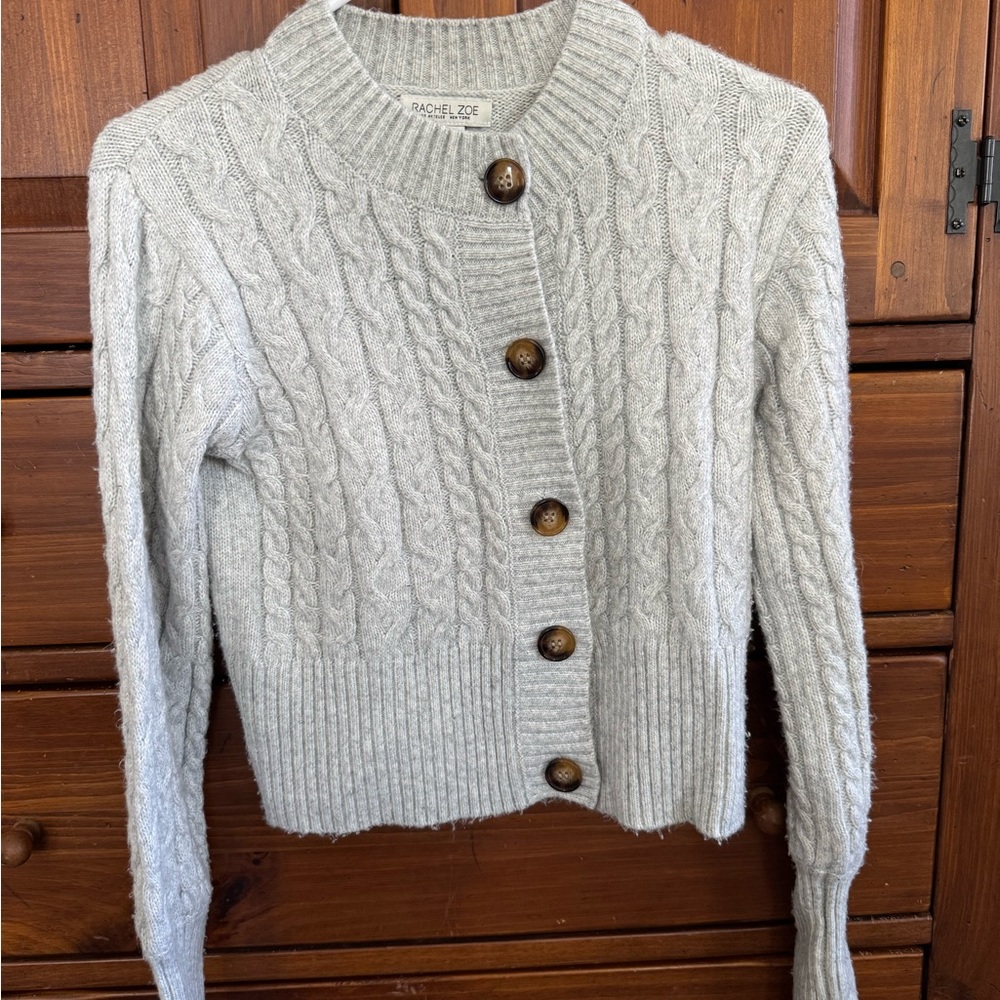 Rachel Zoe Light Gray Cable-Knit Button Cardigan